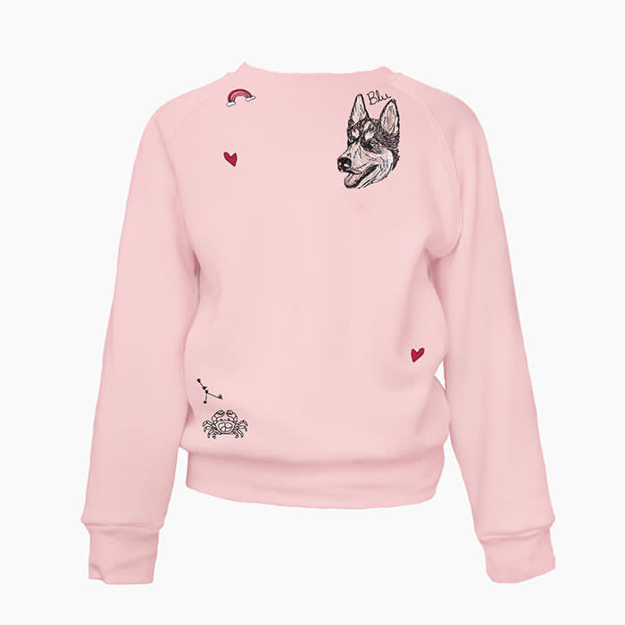pink crewneck sweatshirt with dog embroidery