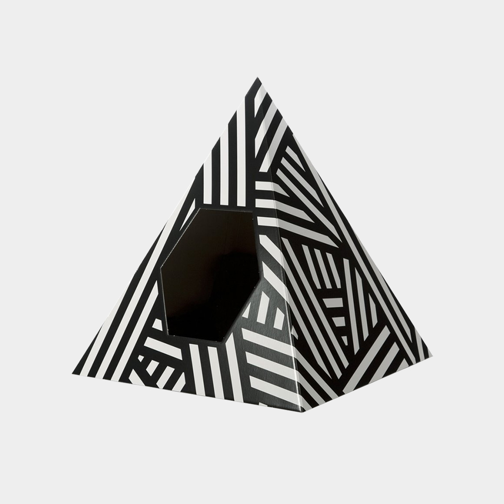 black-and-white cat pyramid house