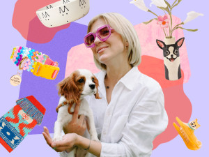 collage: woman with small dog, dog bowl, dog collar, dog sweater, dog vase