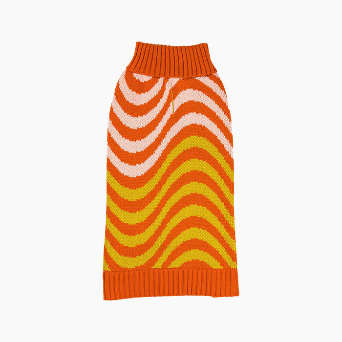 the orange dog sweater with yellow and white swirls