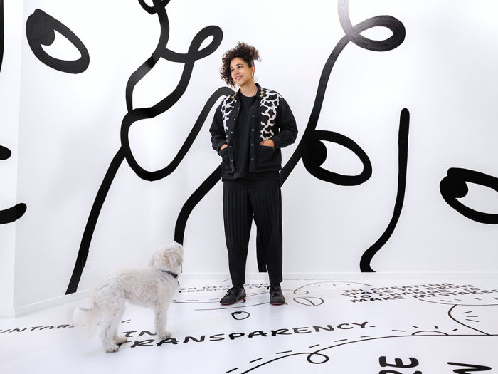 Shantell Martin with her small white dog, Blanche