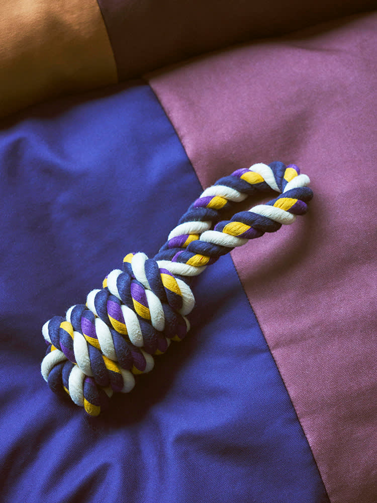 Colourful dog rope toy from HAY on a colourful purple and blue dog bed