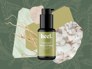 collage: Heel product, botanical green background