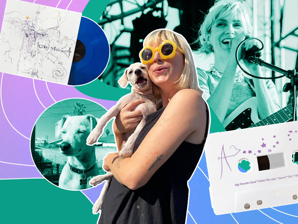 Collage of Ian Sweet, her dog, vinyl record and cassette tape with a gradient, swirly line background