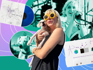Collage of Ian Sweet, her dog, vinyl record and cassette tape with a gradient, swirly line background