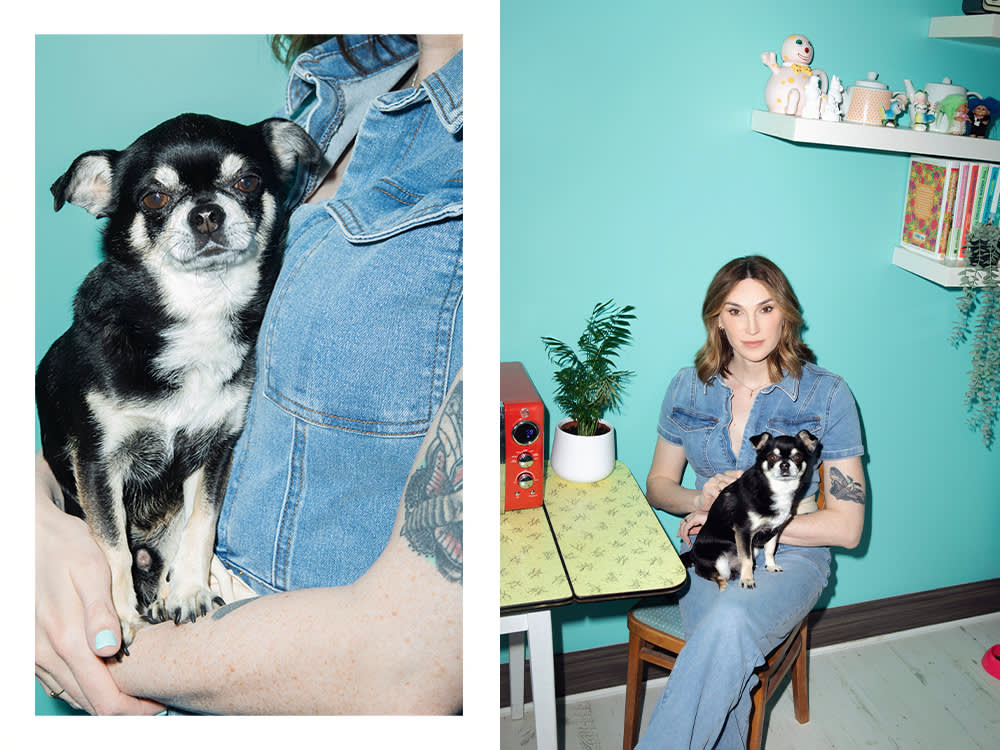 Juno Dawson's dog; Juno Dawson holding her Chihuahua at a table