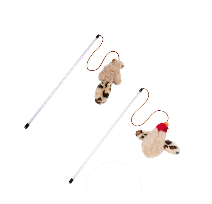 two fishing rod cat toys with a duck and squirrel on