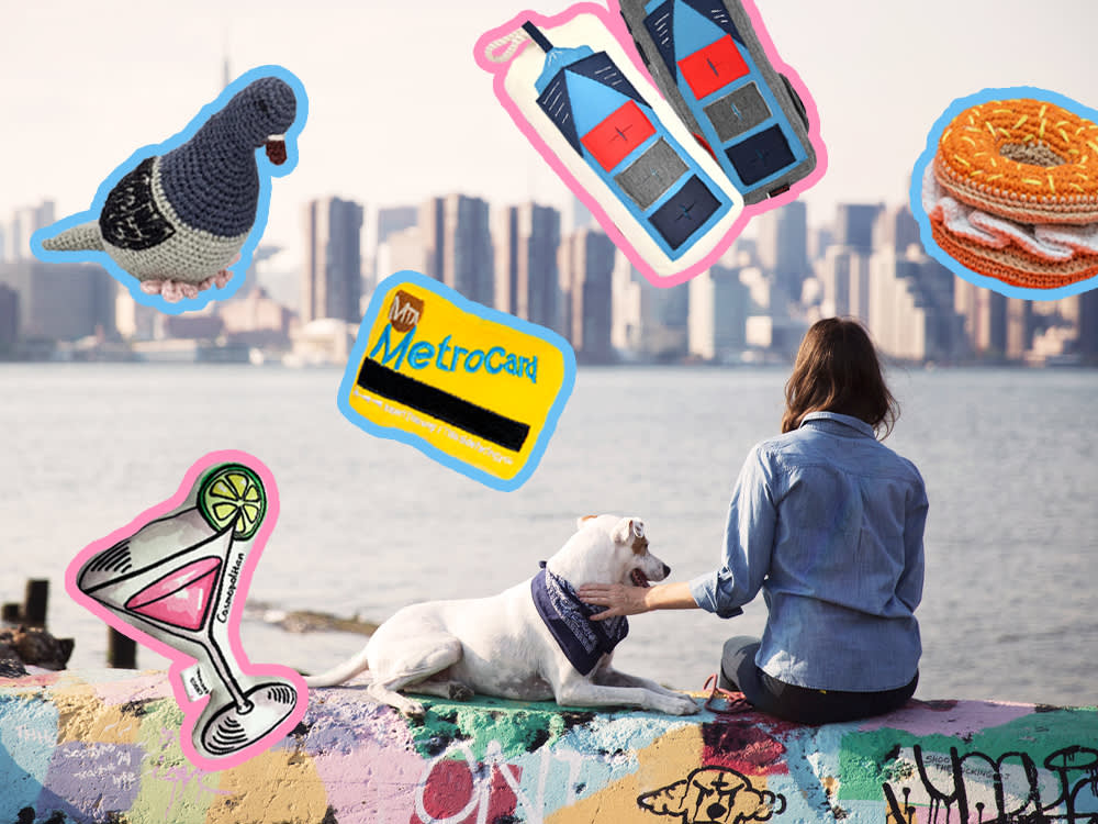 collage: NYC themed toys floating above a small white dog and person looking at the NYC skyline