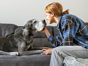 Woman looking lovingly at her dog at home.