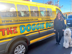 The Doggie Bus with a canine customer standing nearby