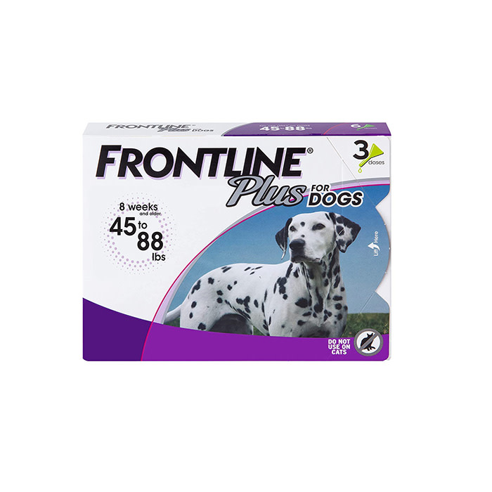 Frontline Plus Flea and Tick Treatment for Dogs in purple packaging