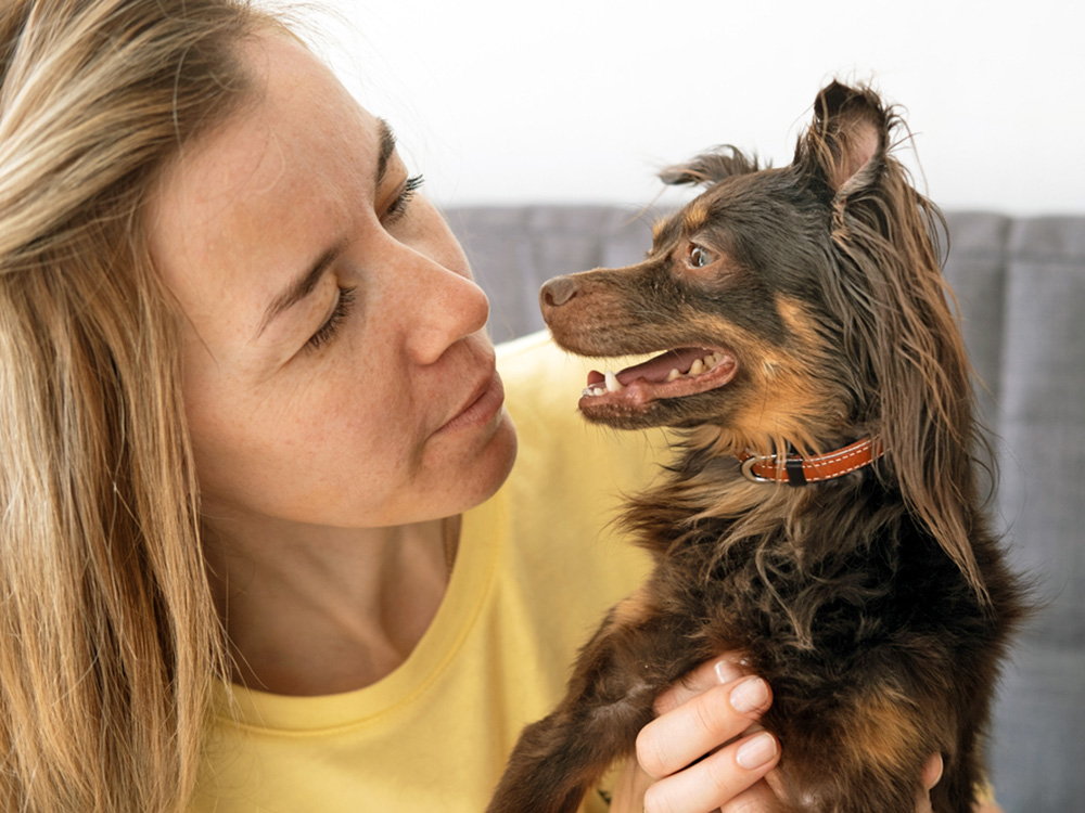 Woman looking at her dog at home.