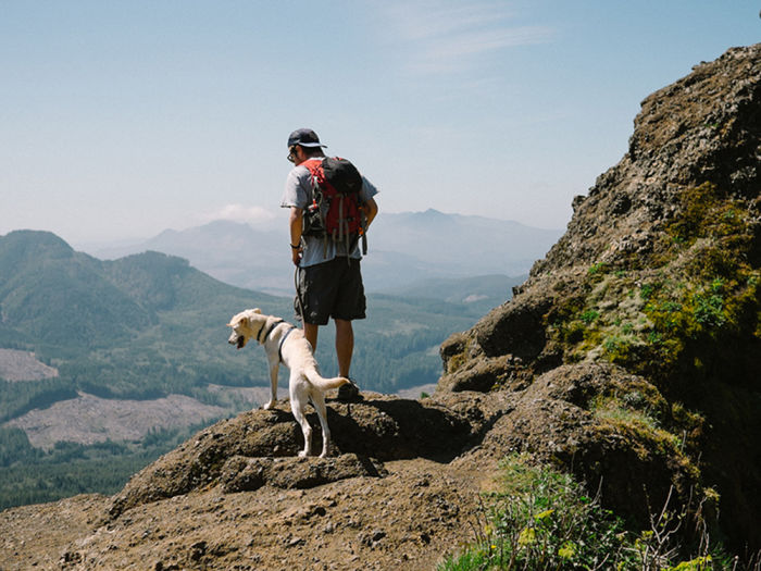 A man with a dog on a hike stoping to enjoy a beautiful overlook on a cliff. 