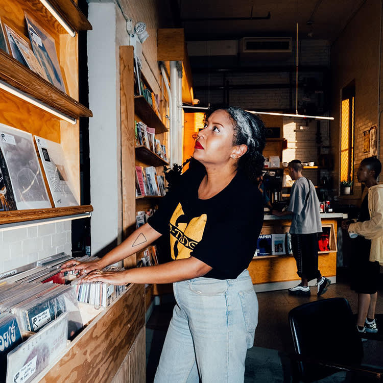 a woman browses at Public Records