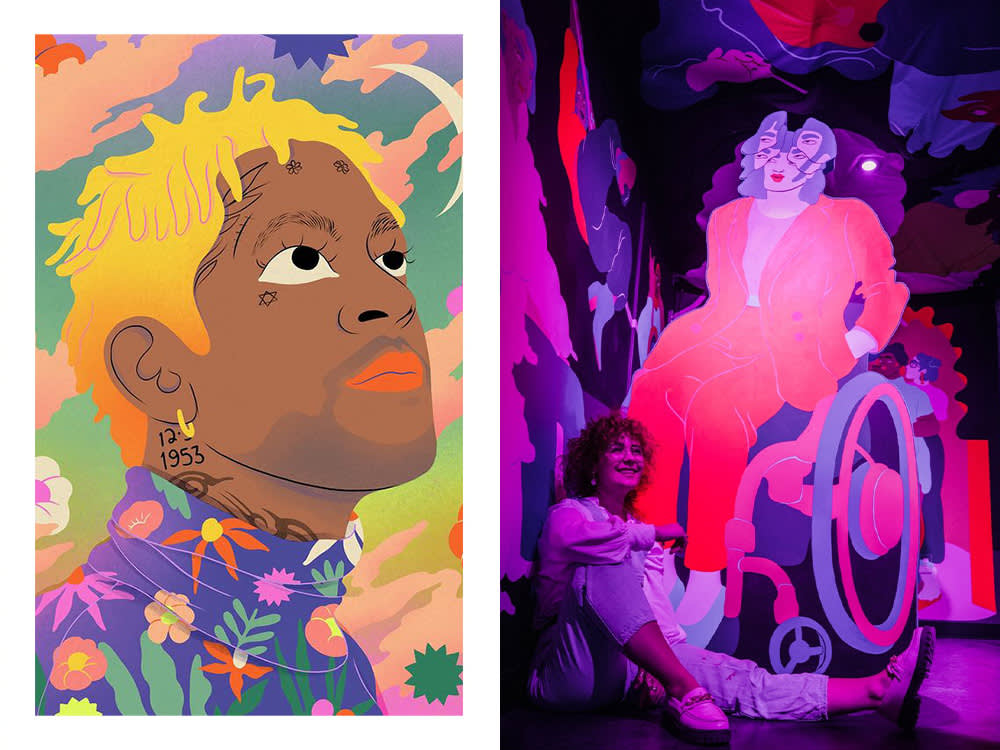 Left: a Black person in a colorful shirt looks up to the sky (illustration); Right: Sofie Birkin poses next to her illustration of a brightly colored person in a wheelchair at Meow Wolf