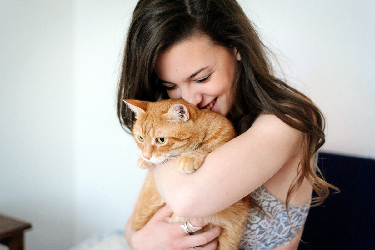 Person hugging an orange cat