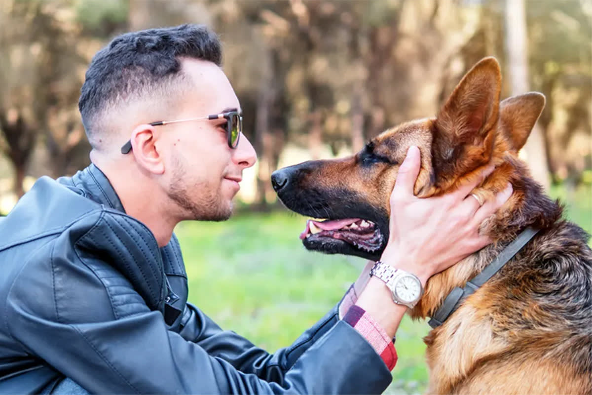 a man wearing sunglasses holds his dog's face in his hands