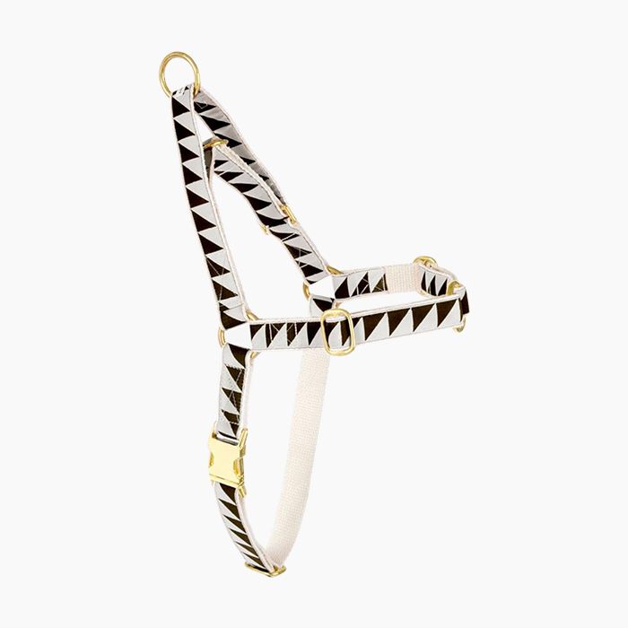 white harness with black chevron detail