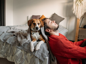 Dog and person listening to music