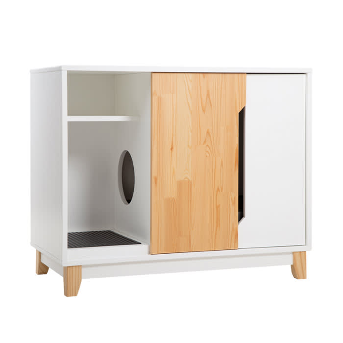 white wooden litter box enclosure with light wood sidewall