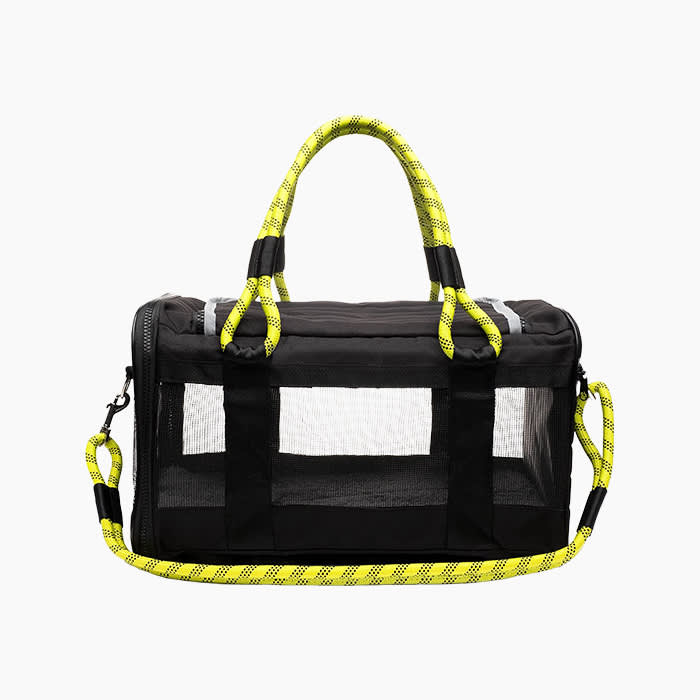 black carrier with bight yellow handle