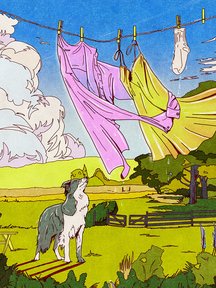 a white dog stares up at a pink dress and yellow dress waving outside in the wind on a clothing line 