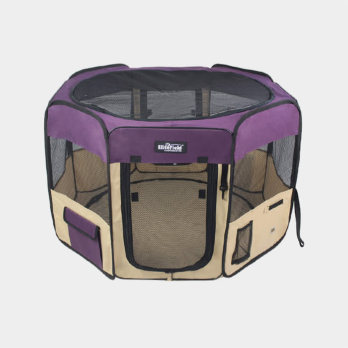 puppy play pen in purple and khaki