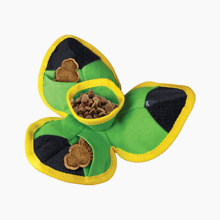 green yellow and black colored treat dispensing toy