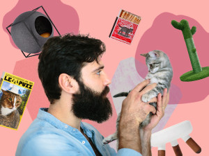 collage of man with his cat and cat products for father's day