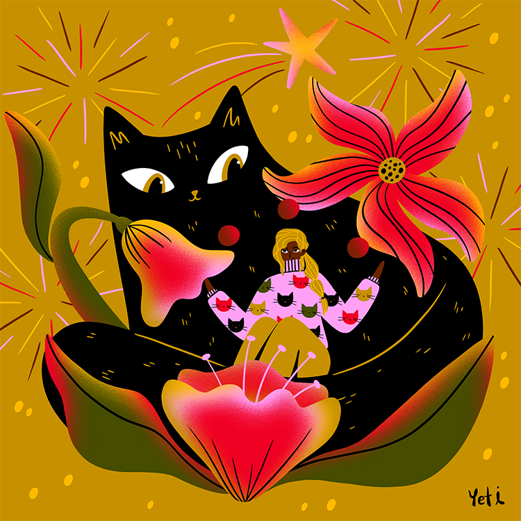 an illustration of a big black cat cradling a small person. the cat is surrounded by three pink flowers
