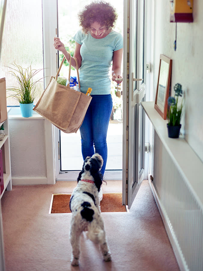 dog greeting a woman at the door