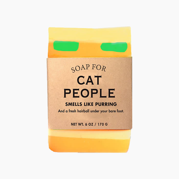 bar of yellow soap labeled "soap for cat people"
