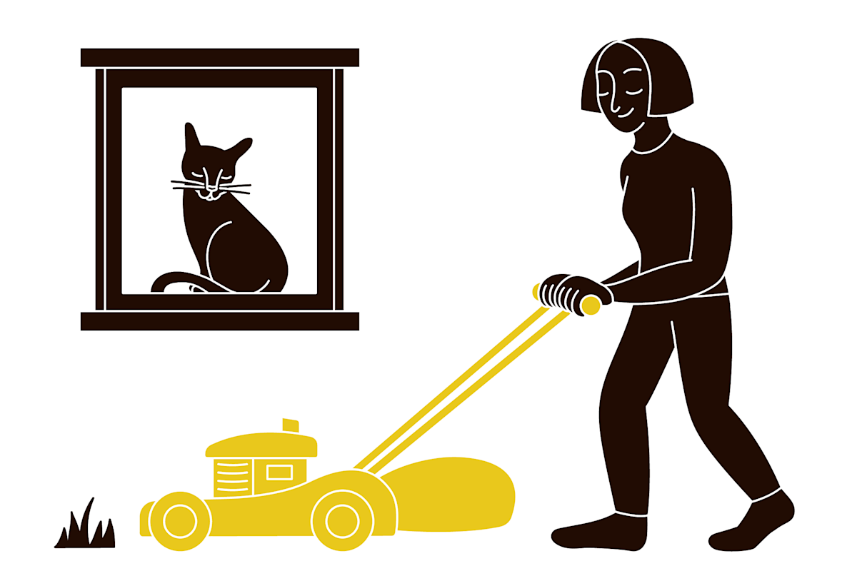 pet parent mowing the lawn while cat looks on from the window