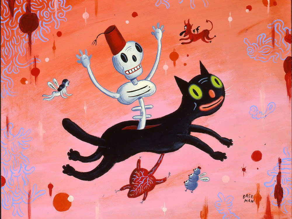 Painting of skeleton riding cat with heart below