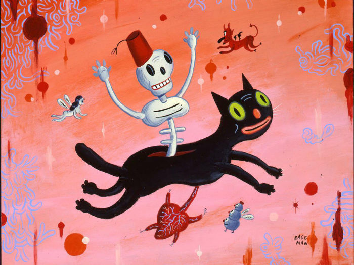Painting of skeleton riding cat with heart below
