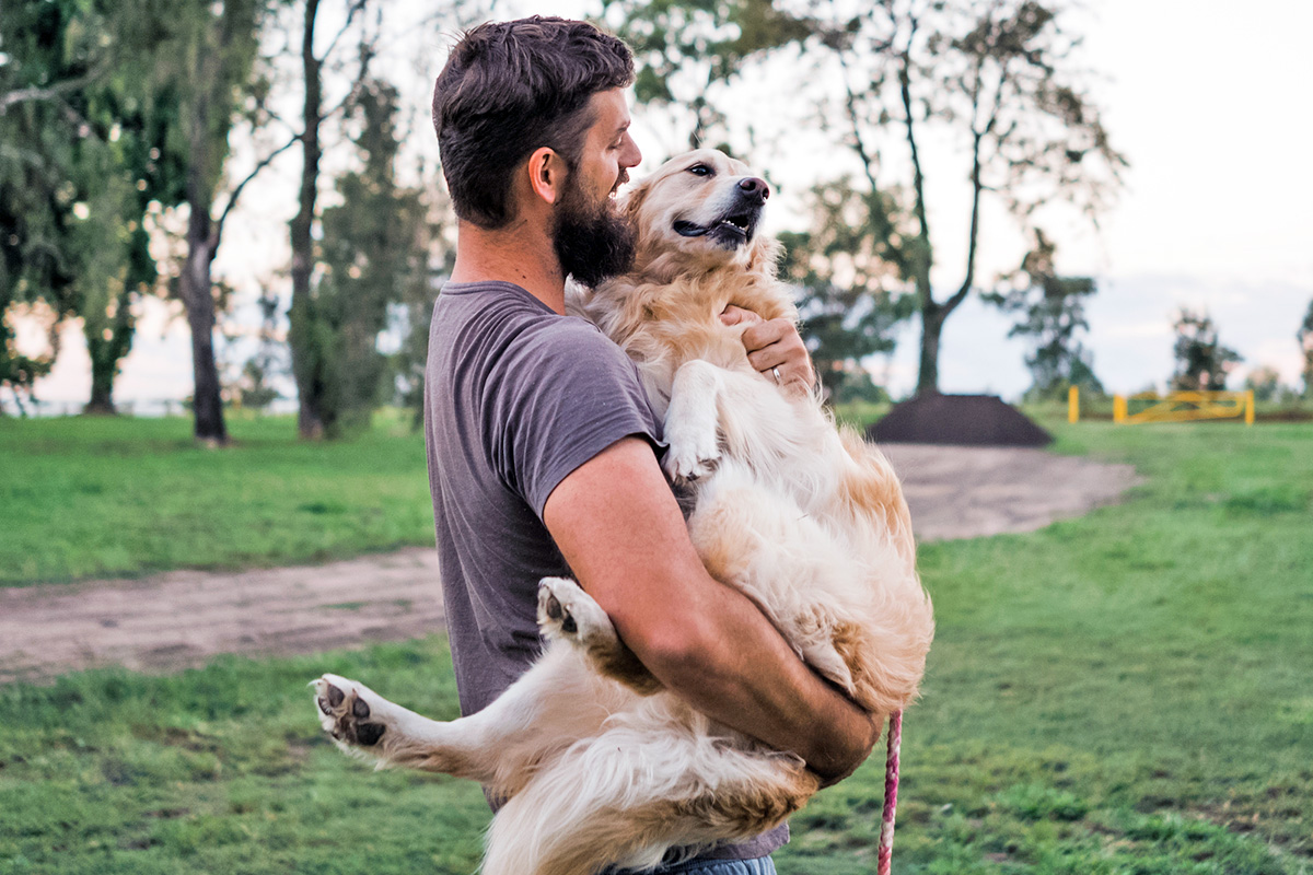 person holding a big yellow dog