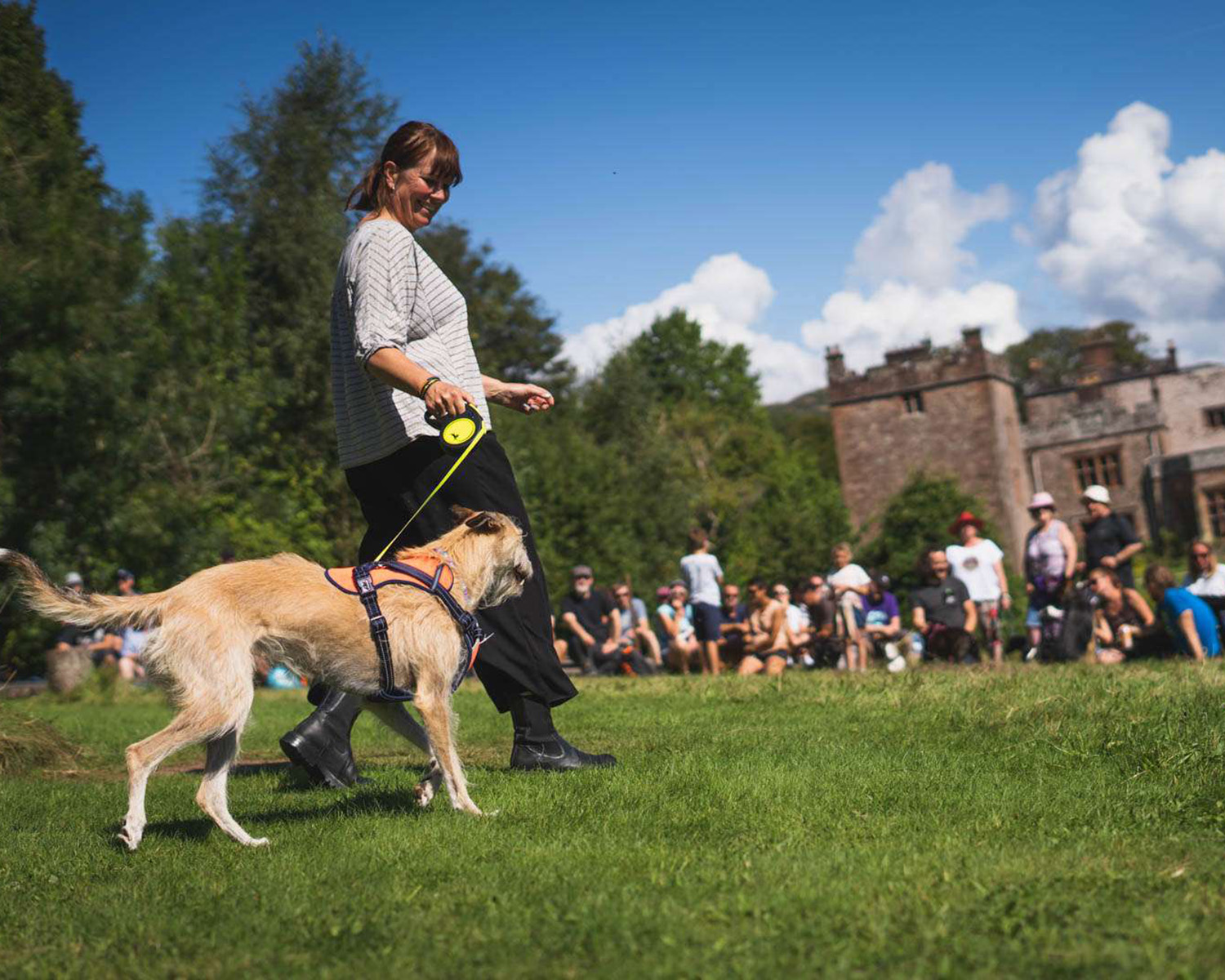Woman walking her dog on a lead at a festival