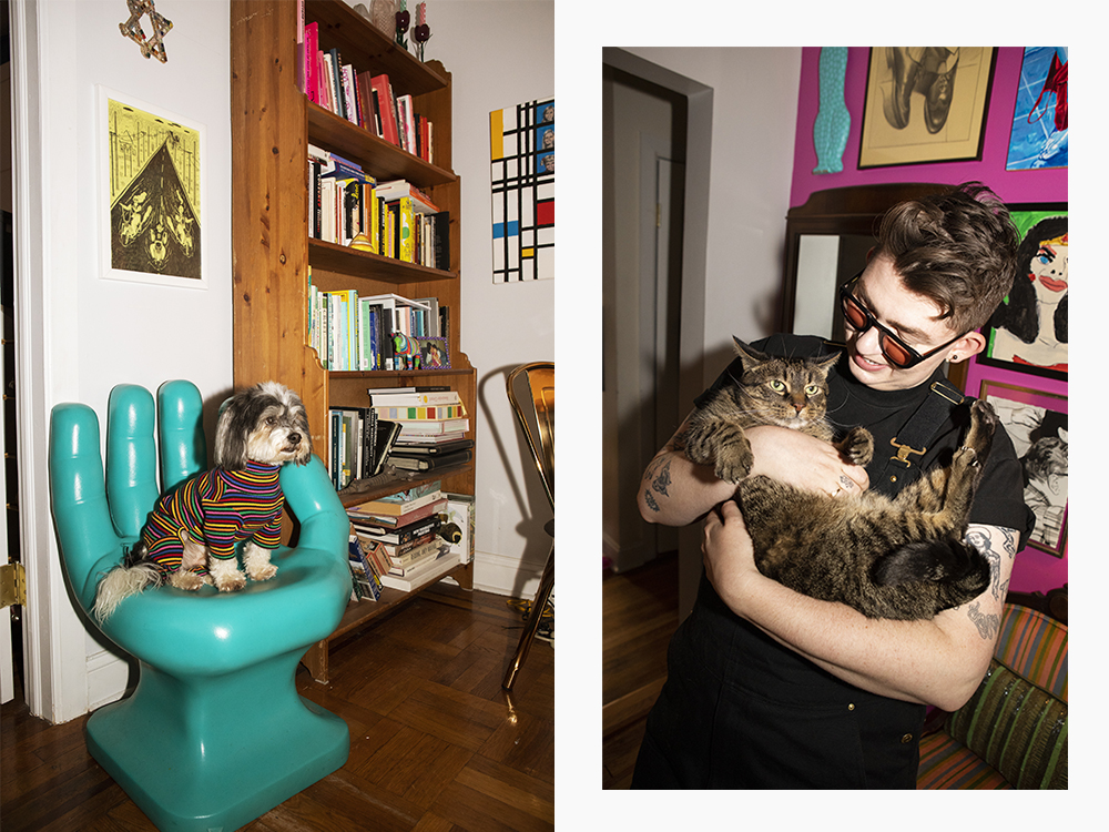 Zoe Schlacter's dog on a hand-shaped seat, Zoe Schlacter with their cat