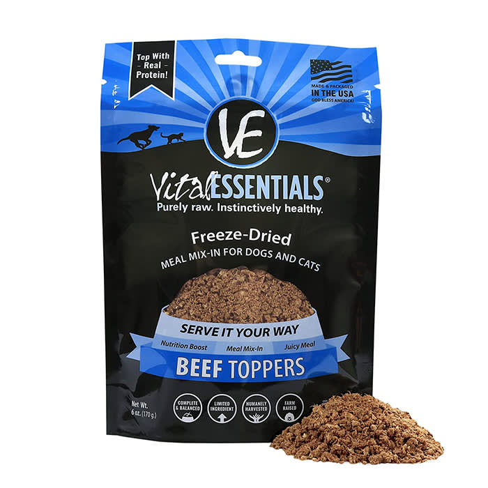 vita essentials freeze dried food topper in black and blue bag