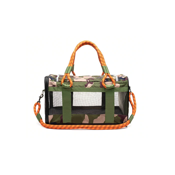 the pet carrier in orange and camo