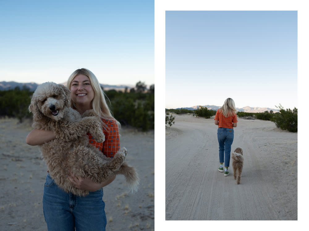 Lorien Stern outside with her dog; Lorien Stern walking with her dog