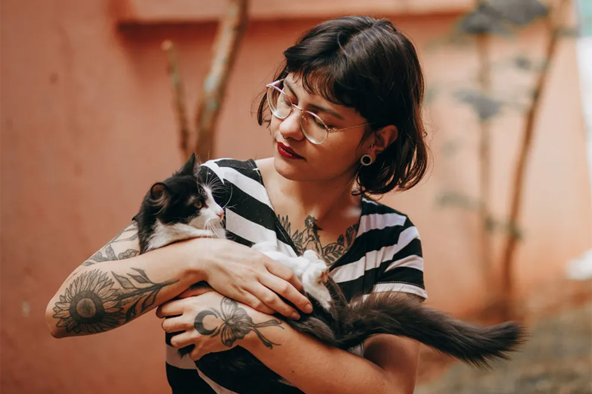 a volunteer holds a cat at a rescue