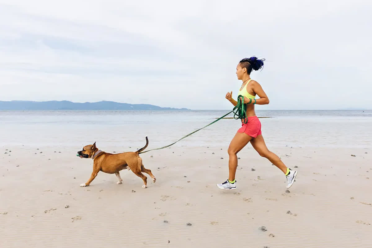 dog running beach with pet parent
