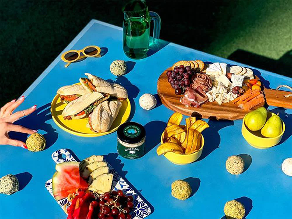 a blue picnic table covered in Migos dog food and ingredients; grapes, meat, fruit