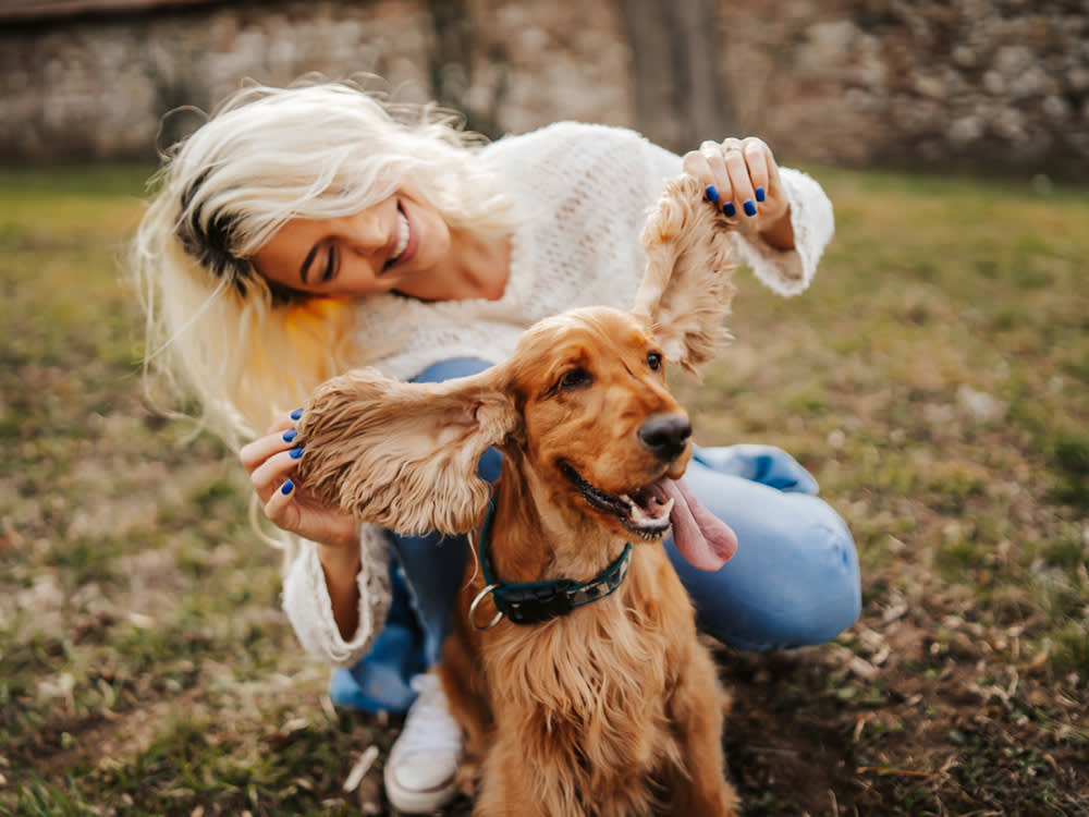 Dog with martingale collar and girl with blonde hair