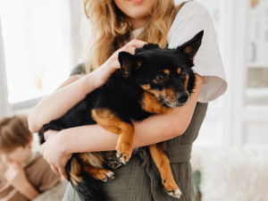 woman holds small dog with upset stomach