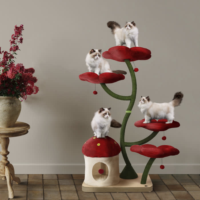 floral cat tree with red petals