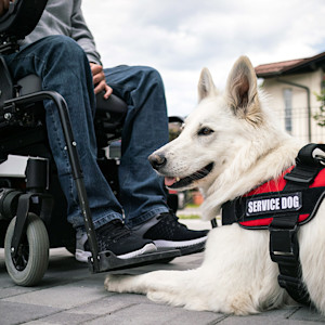Someone and their service dog outside.