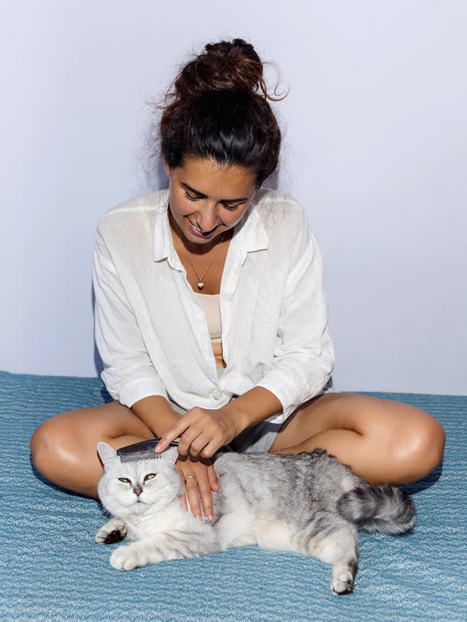 A woman brushes a cat's hair.
