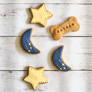 star and moon dog cookies with yellow and blue frosting